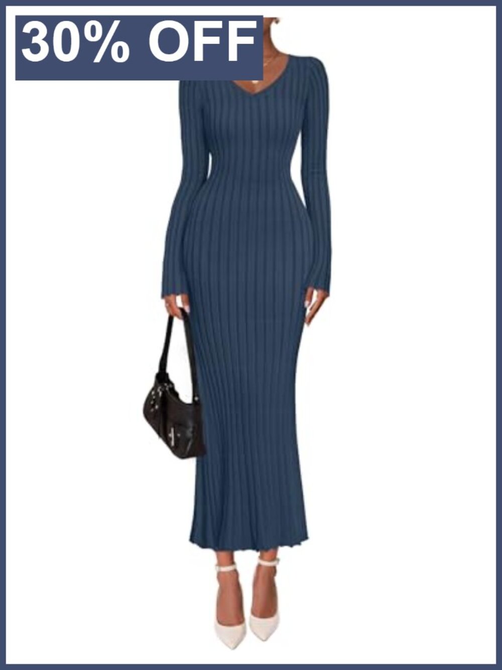 Ribbed Knit Long Sleeve V Neck Bodycon Maxi Sweater Dress